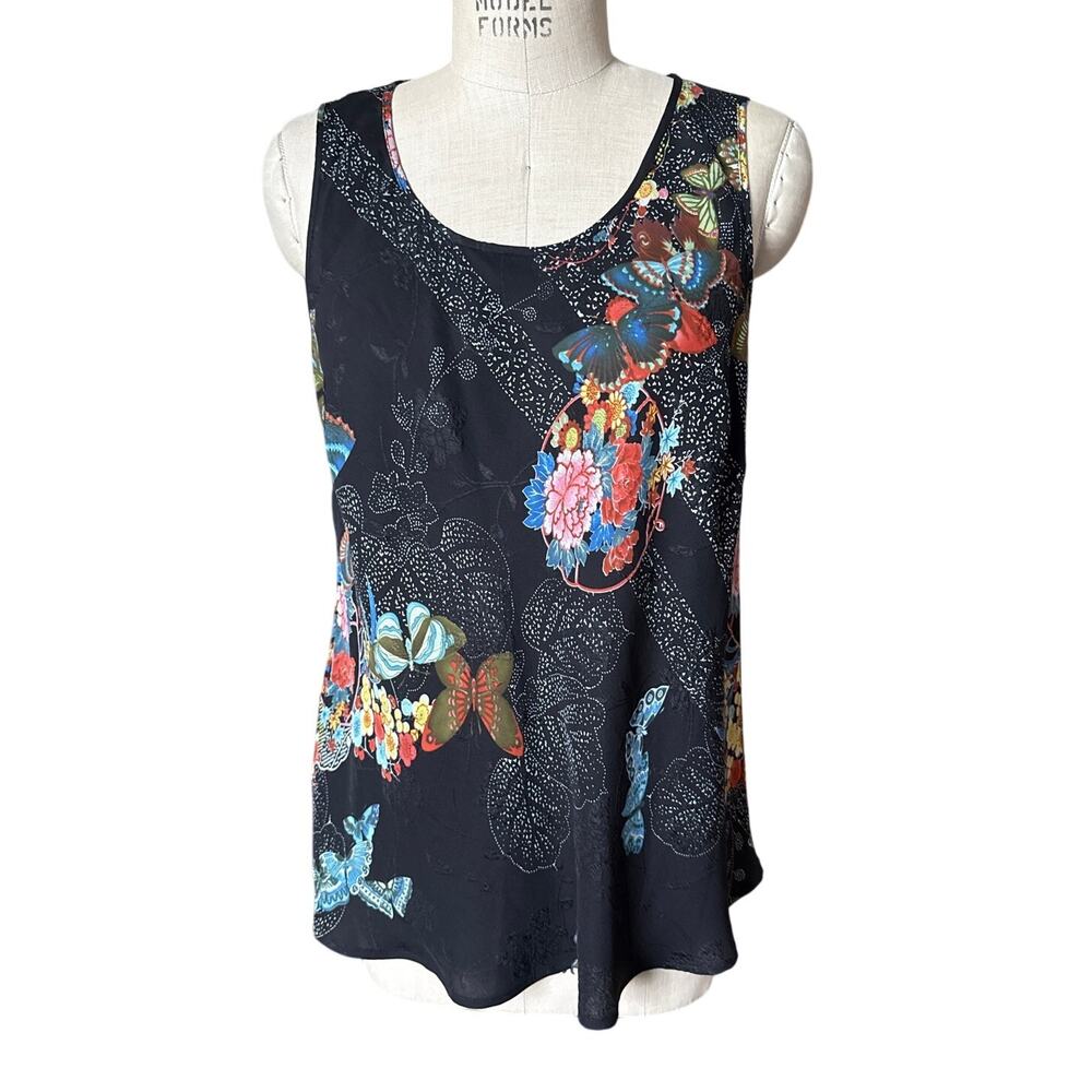 Citron Santa Monica Silk Print Black Tank Blouse Size Large
